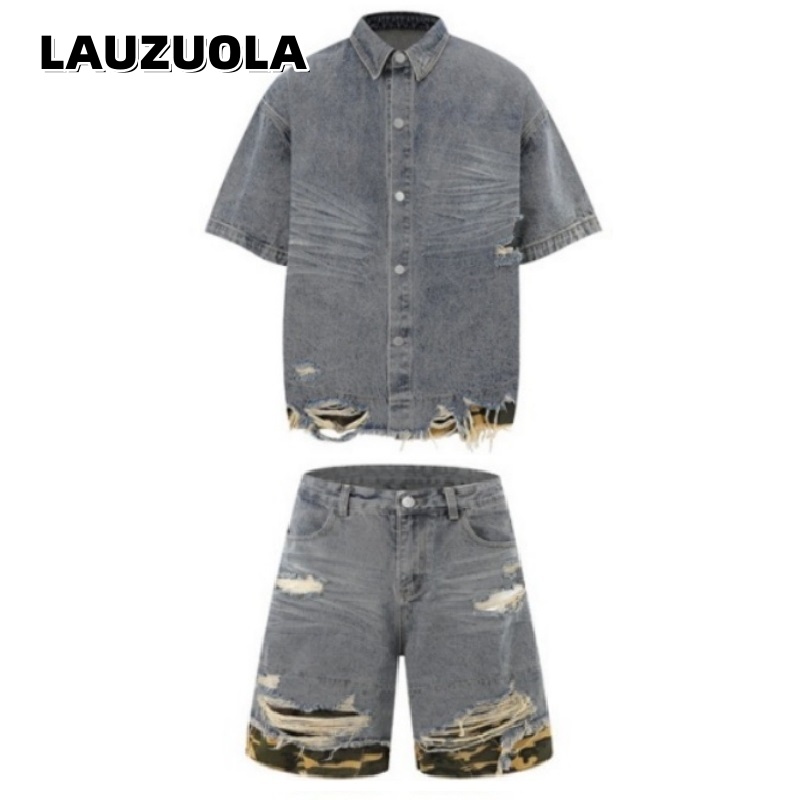 Jeans - Men's Distressed Ripped Denim Short Sleeve