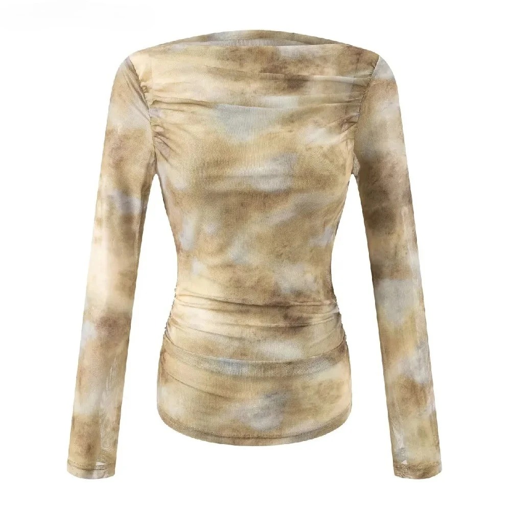 Shirts - 2025 Sexy Tie-Dye Print Ruched Shoulder