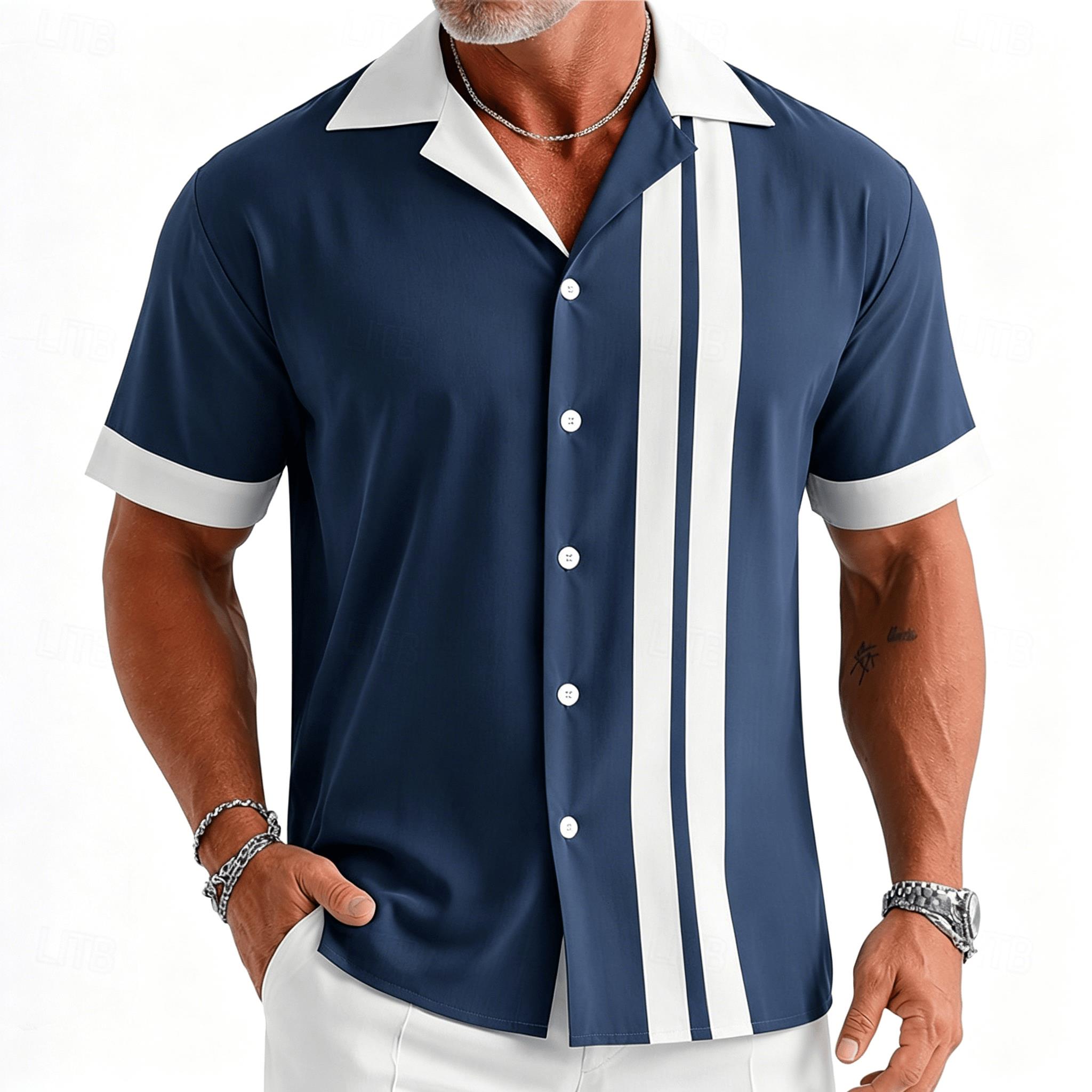 Men's navy blue and white vint - đánh giá và giá Short Sleeve Bowling Shirt Retro